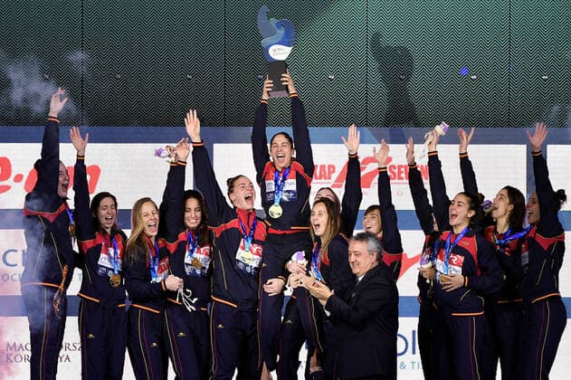 SPAIN ESP Gold Medal RUSSIA RUS Silver Medal HUNGARY HUN Bronze Medal Budapest 25 01 2020 Duna Arena Women Medal Ceremony XXXIV LEN European Water polo, Wasserball Championships 2020 Photo © Andrea Staccioli Deepbluemedia Insidefoto andreaxstaccioli