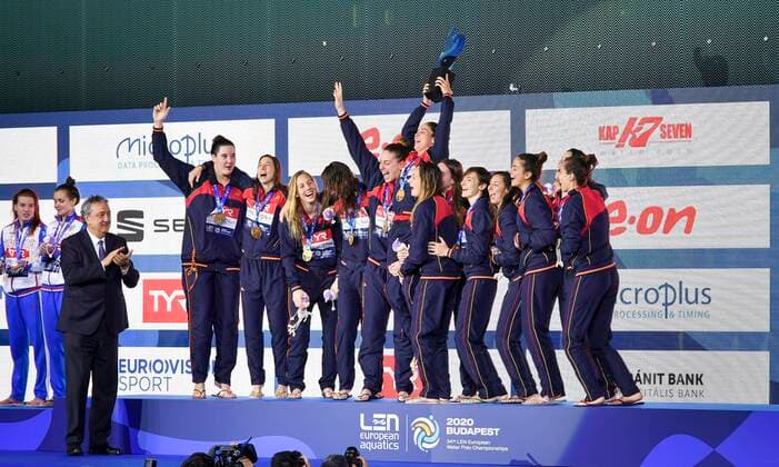 Team ESP Spain Gold Medal Podium Ceremonies Budapest 25 01 2020 Duna Arena XXXIV LEN European Water polo, Wasserball Championships 2020 Photo Â©Pasquale Mesiano Deepbluemedia Insidefoto PasqualexMesiano