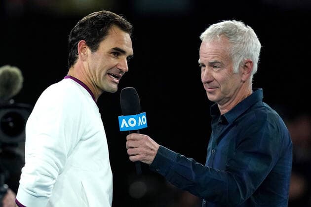 AUSTRALIAN OPEN DAY 7, Roger Federer of Switzerland is interviewed by John McEnroe after winning his fourth round match against Marton Fucsovics of Hungary on day seven of the Australian Open tennis tournament at Rod Laver Arena in Melbourne, Sunday, January 26, 2020. ( NO ARCHIVING, EDITORIAL USE ONLY, NO USE IN BOOKS WITHOUT CONSENT MELBOURNE VIC AUSTRALIA  Copyright: xMICHAELxDODGEx 20200126001444668599