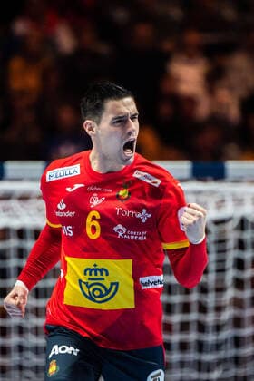 200126 Ãngel Fernandez Perez of Spain celebrates during the EHF European Handball Championship final between Spain and Croatia on January 26, 2020 in Stockholm. Copyright: JOHANNAxLUNDBERG BB200126JL009