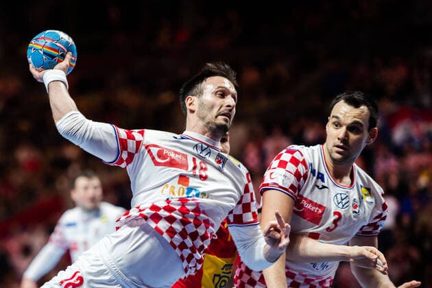 200126 Igor Karacic and Marino Maric of Croatia during the EHF European Handball Championship final between Spain and Croatia on January 26, 2020 in Stockholm. Copyright: JOHANNAxLUNDBERG BB200126JL012