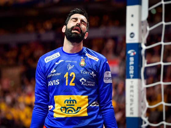 Spain s goal keeper Rodrigo Rodal Corrales reacts during the Men s European Handball Championship final match between Spain and Croatia in Stockholm, Sweden, on Jan. 26, 2020. Stockholm Sverige HANDBALL x10040x