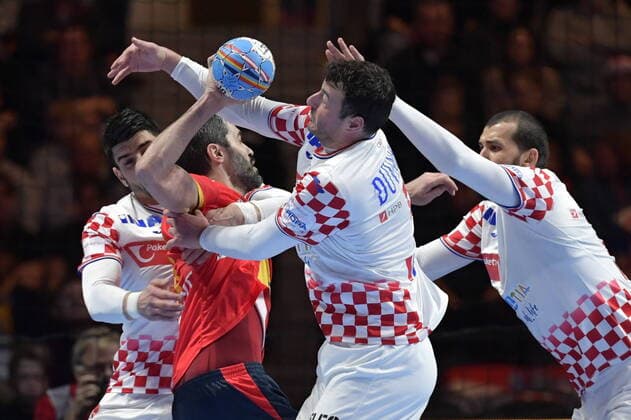Spain s Raul Entrerrios Rodriguez tries to break Croatia s defence during the Men s European Handball Championship final match between Spain and Croatia in Stockholm, Sweden, on Jan. 26, 2020. Stockholm Sverige HANDBALL x10040x
