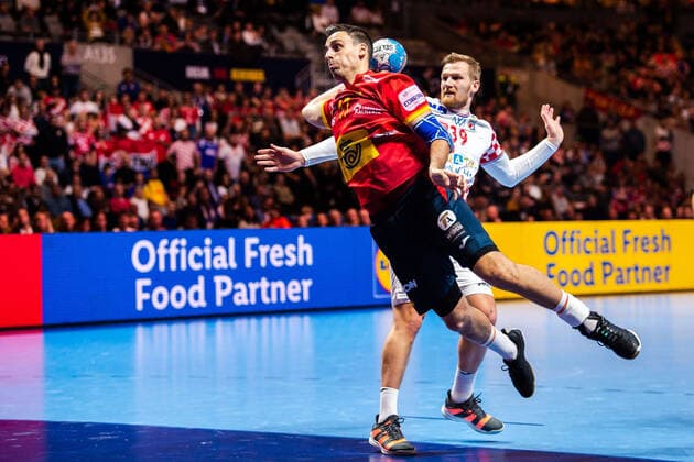 200126 AdriÃ Figueras Trejo of Spain and David Mandic of Croatia during the EHF European Handball Championship final between Spain and Croatia on January 26, 2020 in Stockholm. Copyright: JESPERxZERMAN BB200126JZ024