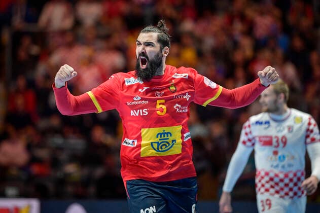 Spain s Jorge Maqueda Pena celebrates a goal during the Men s European Handball Championship final match between Spain and Croatia in Stockholm, Sweden, on Jan. 26, 2020. Stockholm Sverige HANDBALL x10040x