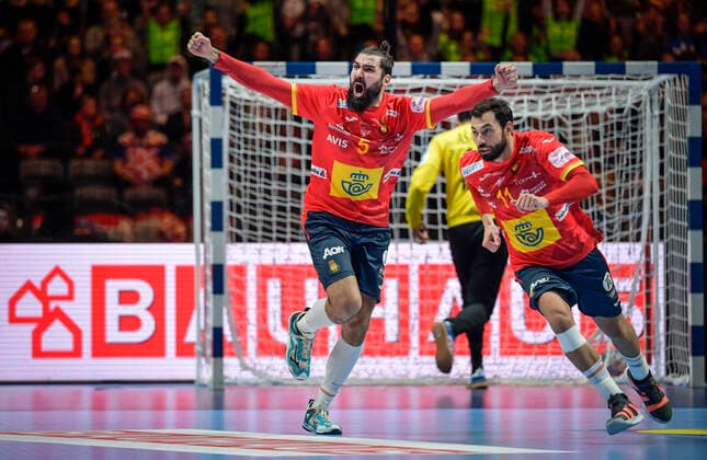 Spain s Jorge Maqueda Pena celebrates a goal with Daniel Sarmiento Melian during the Men s European Handball Championship final match between Spain and Croatia in Stockholm, Sweden, on Jan. 26, 2020. Stockholm Sverige HANDBALL x10040x