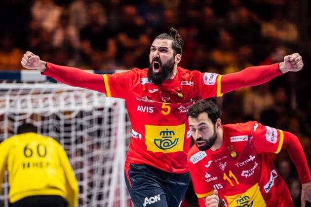 200126 Jorge Maqueda Peno of Spain celebrates during the EHF European Handball Championship final between Spain and Croatia on January 26, 2020 in Stockholm. Copyright: JOHANNAxLUNDBERG BB200126JL020