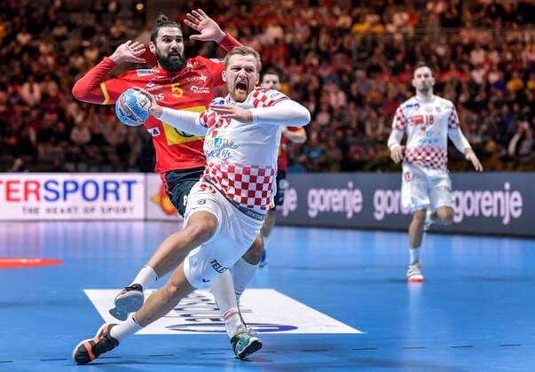 Croatia s David Mandic in action during the Men s European Handball Championship final match between Spain and Croatia in Stockholm, Sweden, on Jan. 26, 2020. Stockholm Sverige HANDBALL x10040x