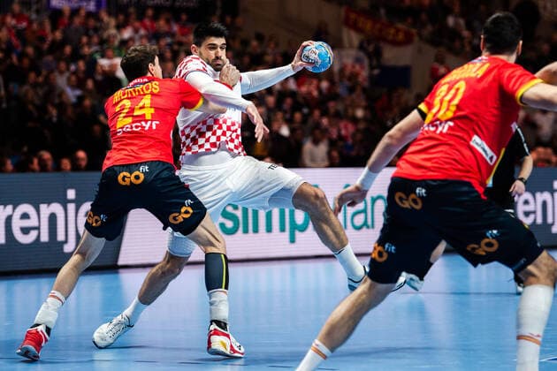 200126 Viran Morros de Argila of Spain and Luka Stepanic of Croatia during the EHF European Handball Championship final between Spain and Croatia on January 26, 2020 in Stockholm. Copyright: JESPERxZERMAN BB200126JZ039