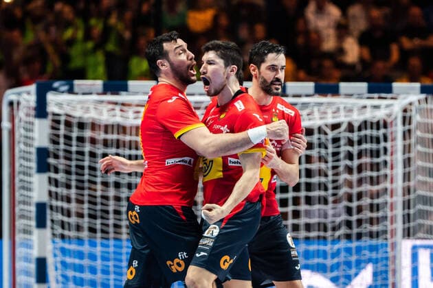 200126 Gedeon Guardiola Villaplana and Raul Entrerrios Rodriguez of Spain celebrate during the EHF European Handball Championship final between Spain and Croatia on January 26, 2020 in Stockholm. Copyright: JOHANNAxLUNDBERG BB200126JL039