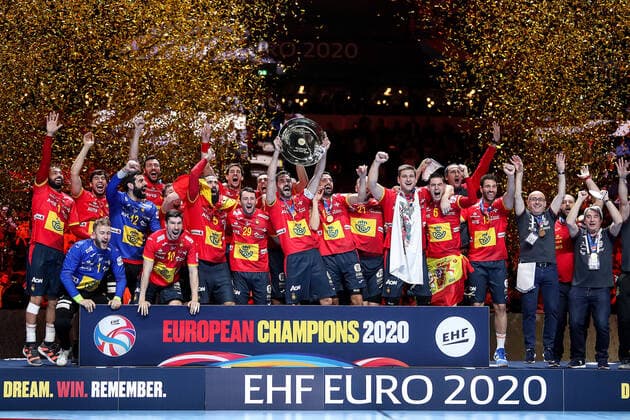 Spain v Croatia - Final - Men s EHF EURO 2020 Players of gold medallist national team, Nationalteam of Spain pose on the podium during medal ceremony after the Men s EHF EURO 2020 final match between Spain and Croatia at Tele2 Arena in Stockholm, Sweden on January 26, 2020.