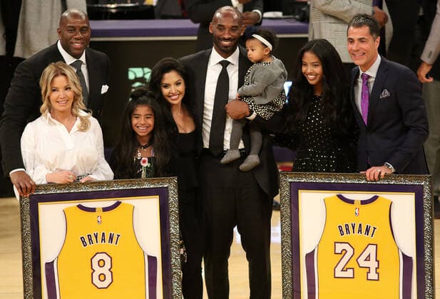 January 26, 2020, Los Angeles, California, USA: Former Los Angeles Lakers player Kobe Bryant died in a Helicopter crash on Sunday, January 26, 2020 in Calabasas, California. He was 41. FILE PHOTO: Kobe Bryant poses with his family along with Earvin Magic Johnson, Jeanie Buss and Lakers GM Rob Pelinka as the Lakers retire Kobe s numbers 8 and 24 on a night when the host Los Angeles Lakers fall to the visiting Golden State Warriors 116-114 on Monday, December 18, 2017 at the Staples Center in Los Angeles, California. BURT HARRIS PI Kobe Bryant dies. He was 41. - ZUMAp124 20200126_zaa_p124_028 Copyright: xBurtxHarrisx