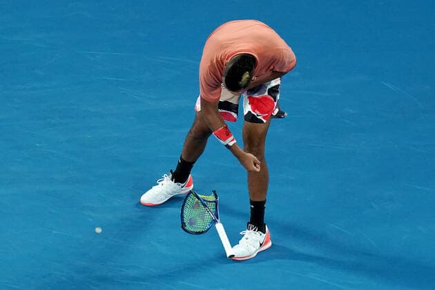AUSTRALIAN OPEN DAY 8, Nick Kyrgios of Australia smashes his racquet during his fourth round match against Rafael Nadal of Spain on day eight of the Australian Open tennis tournament at Rod Laver Arena in Melbourne, Monday, January 27, 2020. ( NO ARCHIVING, EDITORIAL USE ONLY, NO USE IN BOOKS WITHOUT CONSENT MELBOURNE VIC AUSTRALIA  Copyright: xDAVExHUNTx 20200127001444924865