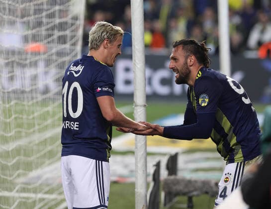 Max Kruse and Vedat Muriqi of Fenerbahce during the Turkish Super league football match between Fenerbahce and Basaksehir at Ulker Stadium in Istanbul , Turkey on January 25 , 2020. 