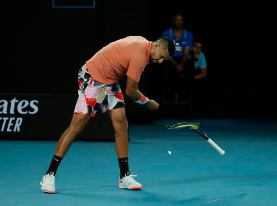 27th January 2020; Melbourne Park, Melbourne, Victoria, Australia; Australian Open Tennis, Day 8; Nick Kyrgios of Australia throws and breaks his racquet during his match against Rafael Nadal of Spain  ActionPlus12207416 NaFoto