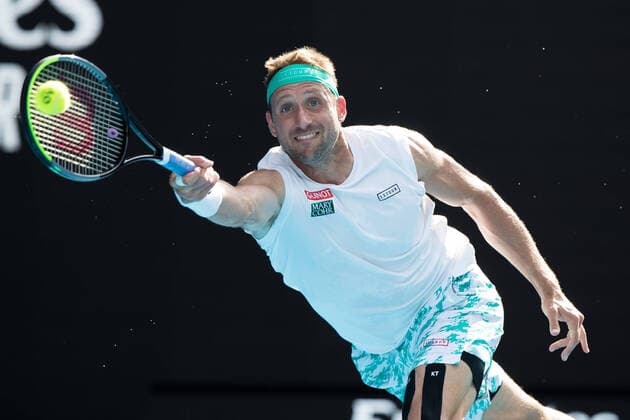 Tennys Sandgren of USA playing Roger Federer of Switzerland in a five set thriller during the Quarter Finals match at the ATP, Tennis Herren Australian Open 2020 at Melbourne Park, Melbourne, Australia on 28 January 2020. Copyright: xPeterxDovganx 26031421