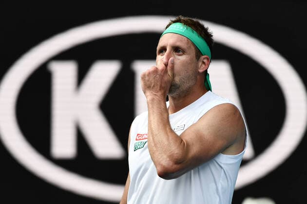 (200128) -- MELBOURNE, Jan. 28, 2020 -- Tennys Sandgren of the United States reacts during the men s singles quarterfinal match against Rodger Federer of Switzerland at the Australian Open tennis championship in Melbourne, Australia on Jan. 28, 2020. ) (SP)AUSTRALIA-MELBOURNE-TENNIS-AUSTRALIAN OPEN-DAY 9 ZhuxWei 