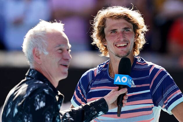 AUSTRALIAN OPEN DAY 10, Alexander Zverev of Germany is interviewed by John McEnroe after winning his fifth round match against Stan Wawrinka of Switzerland on day 10 of the Australian Open tennis tournament at Rod Laver Arena in Melbourne, Wednesday, January 29, 2020. ( NO ARCHIVING, EDITORIAL USE ONLY, NO USE IN BOOKS WITHOUT CONSENT MELBOURNE VIC AUSTRALIA  Copyright: xSCOTTxBARBOURx 20200129001445352538