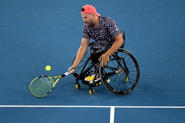 AUSTRALIAN OPEN DAY 11, Dylan Alcott of Australia plays a return shot during his Quad Wheelchair Doubles final with Heath Davidson of Australia against Andy Lapthorne of Great Britain and David Wagner of the USA on day11 of the Australian Open tennis tournament at Margaret Court Arena in Melbourne, Thursday, January 30, 2020. ( NO ARCHIVING, EDITORIAL USE ONLY, NO USE IN BOOKS WITHOUT CONSENT MELBOURNE VIC AUSTRALIA  Copyright: xLUKASxCOCHx 20200130001445658730