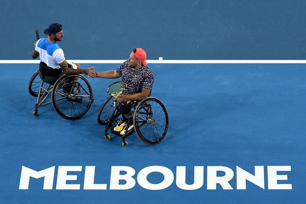 AUSTRALIAN OPEN DAY 11, Dylan Alcott (right) and Heath Davidson of Australia react after winning their Quad Wheelchair Doubles final against Andy Lapthorne of Great Britain and David Wagner of the USA on day11 of the Australian Open tennis tournament at Margaret Court Arena in Melbourne, Thursday, January 30, 2020. ( NO ARCHIVING, EDITORIAL USE ONLY, NO USE IN BOOKS WITHOUT CONSENT MELBOURNE VIC AUSTRALIA  Copyright: xLUKASxCOCHx 20200130001445663331