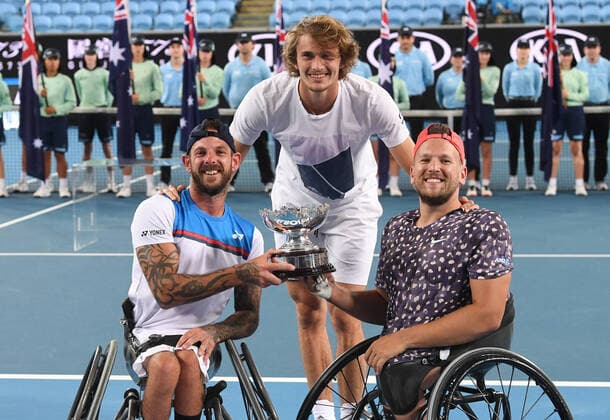 Australian Open 2020 Magret Court Arena Quad Wheelchair Doubles Final Winner :Dylan Alcott ,Australia and Heath Davidson , Australia Mens Semifinalist Alexander Zverev joins the winner for a Photo