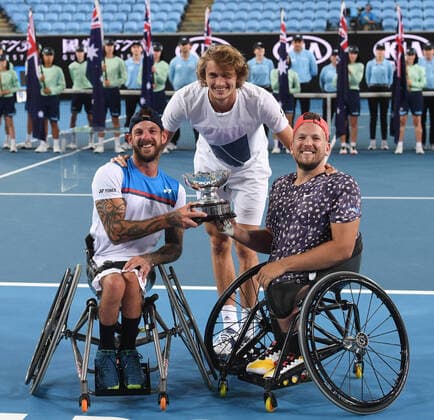 Australian Open 2020 Magret Court Arena Quad Wheelchair Doubles Final Winner :Dylan Alcott ,Australia and Heath Davidson , Australia Mens Semifinalist Alexander Zverev joins the winner for a Photo