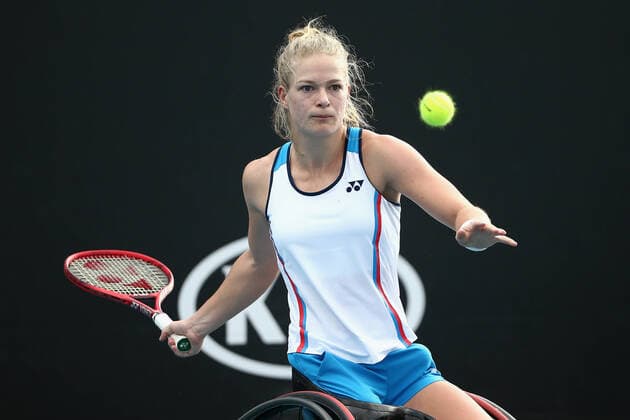 AUSTRALIAN OPEN DAY 12, Diede De Groot of the Netherlands plays a forehand during her wheelchair doubles final with Anieke Van Koot of the Netherlands against Jordanne Whiley of Great Britain and Yui Kamiji of Japan during day 12 of the Australian Open tennis tournament in Melbourne, Friday, January 31, 2020. ( NO ARCHIVING, EDITORIAL USE ONLY, NO USE IN BOOKS WITHOUT CONSENT MELBOURNE VIC AUSTRALIA  Copyright: xROBxPREZIOSOx 20200131001445875170