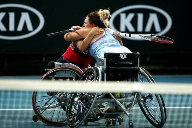 AUSTRALIAN OPEN DAY 12, Yui Kamiji of Japan and Jordanne Whiley of Great Britain celebrate after winning their wheelchair doubles final against Diede De Groot of the Netherlands and Anieke Van Koot of the Netherlands during day 12 of the Australian Open tennis tournament in Melbourne, Friday, January 31, 2020. ( NO ARCHIVING, EDITORIAL USE ONLY, NO USE IN BOOKS WITHOUT CONSENT MELBOURNE VIC AUSTRALIA  Copyright: xROBxPREZIOSOx 20200131001445913331