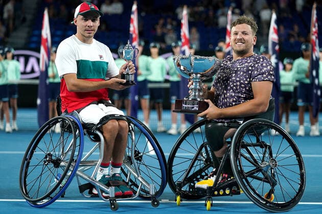 AUSTRALIAN OPEN DAY 13, Dylan Alcott of Australia (right) celebrates with Andy Lapthorne of Great Britain after winning the men s Quad Wheelchair singles final on day 13 of the Australian Open tennis tournament at Rod Laver Arena in Melbourne, Saturday, February 1, 2020. ( NO ARCHIVING, EDITORIAL USE ONLY, NO USE IN BOOKS WITHOUT CONSENT MELBOURNE VIC AUSTRALIA  Copyright: xMICHAELxDODGEx 20200201001446066496