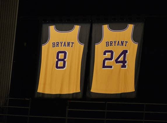 The Los Angeles Lakers honor Kobe Bryant by spotlighting his jerseys prior to the game against the Portland Trail Blazers at Staples Center on Friday, January 31, 2020 in Los Angeles.  LAP2020013112 JIMxRUYMEN