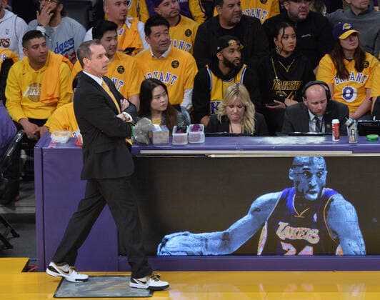 The Los Angeles Lakers head coach Frank Vogel, wearing a pair of Kobe Bryant s sneakers reacts to a play during a game against the Portland Trail Blazers at Staples Center on Friday, January 31, 2020 in Los Angeles.  LAP2020013118 JIMxRUYMEN