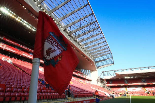 1st February 2020; Anfield, Liverpool, Merseyside, England; English Premier League Football, Liverpool versus Southampton; the corner flag at the Kop end and the main stand prior to the match - Strictly Editorial Use Only. No use with unauthorized audio, video, data, fixture lists, club league logos or live services. Online in-match use limited to 120 images, no video emulation. No use in betting, games or single club league player publications ActionPlus12208341 DavidxBlunsden