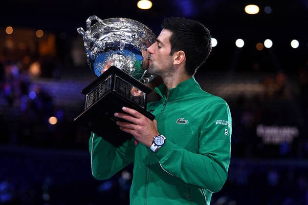 AUSTRALIAN OPEN DAY 14, Novak Djokovic of Serbia poses for a photograph with the Norman Brookes Challenge Cup following the men s singles final on day 14 of the Australian Open tennis tournament at Rod Laver Arena in Melbourne, Sunday, February 2, 2020. ( NO ARCHIVING, EDITORIAL USE ONLY, NO USE IN BOOKS WITHOUT CONSENT MELBOURNE VIC AUSTRALIA  Copyright: xLUKASxCOCHx 20200203001446278696