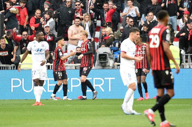 JOIE - 09 KASPER DOLBERG (NICE) - 10 ADAM OUNAS (NICE) FOOTBALL : Nice vs Lyon - Ligue 1 Conforama - 02 02 2020 FEP Panoramic 