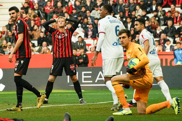 @Kasper Dolberg (OGC Nice) - Ciprian Tatarusanu (Lyon) FOOTBALL : OGC Nice vs Lyon - Ligue 1 Conforama - Nice - 02 02 2020 NorbertScanella PanoramiC 