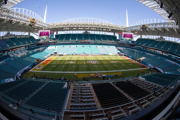 MIAMI GARDENS, FL - FEBRUARY 02: A general view of the field and inside Hard Rock Stadium prior to Super Bowl LIV on February 2, 2020 at Hard Rock Stadium in Miami Gardens, FL. (Photo by Rich Graessle PPI Icon Sportswire) NFL, American Football Herren, USA FEB 02 Super Bowl LIV - Chiefs v 49ers Icon200201540