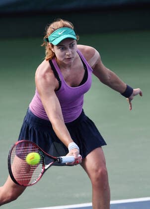 NEWPORT BEACH, CA - FEBRUARY 02: WTA, Tennis Damen tennis player Stefanie Voegele (SUI) returns the ball in a finals match during the Oracle Challenger Series tennis tournament played on February 2, 2020 at the Newport Beach Tennis Club in Newport Beach, CA (Photo by John Cordes Icon Sportswire) TENNIS: FEB 02 Oracle Challenger Series Icon506200202002