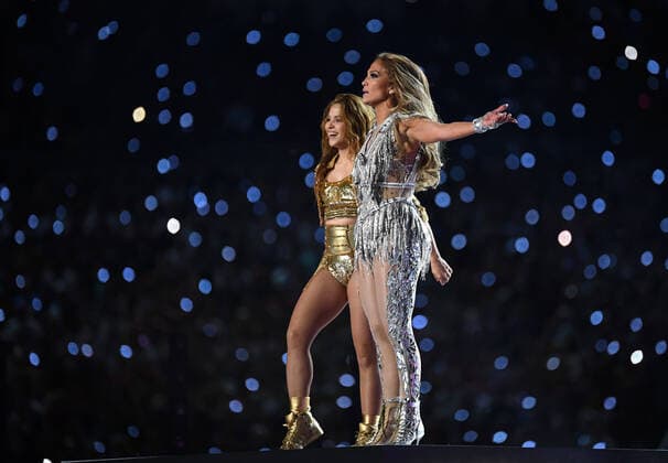 Jenifer Lopez and Shakira perform during the Super Bowl LIV half time show at the Hard Rock Stadium in Miami Gardens on Sunday, February 2, 2020. The San Francisco 49ers and The Kansas City Chiefs defeated the San Francisco 49ers 31-20 in Super Bowl LIV.  SBP20200202025 KEVINxDIETSCH