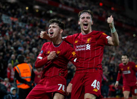 Sport Bilder des Tages (200205) -- LIVERPOOL, Feb. 5, 2020 -- Liverpool s Neco Williams (L) and Liam Millar (R) celebrate after an own-goal by Shrewsbury Town during the English FA Cup 4th Round Replay match between Liverpool and Shrewsbury Town at Anfield in Liverpool, Britain on Feb. 4, 2020. FOR EDITORIAL USE ONLY. NOT FOR SALE FOR MARKETING OR ADVERTISING CAMPAIGNS. NO USE WITH UNAUTHORIZED AUDIO, VIDEO, DATA, FIXTURE LISTS, CLUB LEAGUE LOGOS OR LIVE SERVICES. ONLINE IN-MATCH USE LIMITED TO 45 IMAGES, NO VIDEO EMULATION. NO USE IN BETTING, GAMES OR SINGLE CLUB LEAGUE PLAYER PUBLICATIONS. (SP)BRITAIN-LIVERPOOL-FOOTBALL-FA CUP-LIVERPOOL VS SHREWSBURY TOWN HanxYanXinhua 
