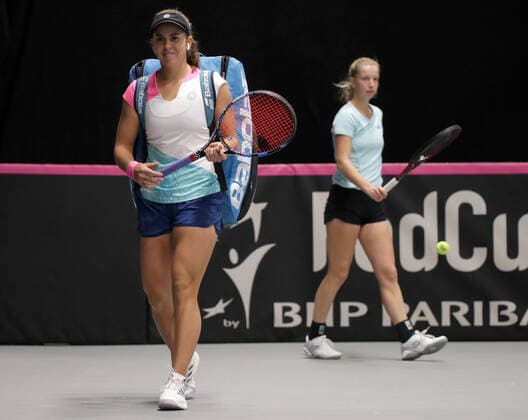 TENNIS - ITF Fed Cup TALLINN,ESTONIA,07.FEB.20 - TENNIS - ITF Fed Cup. Image shows Julia Grabher and Sinja Kraus (AUT). GEPAxpictures xWalterxLuger