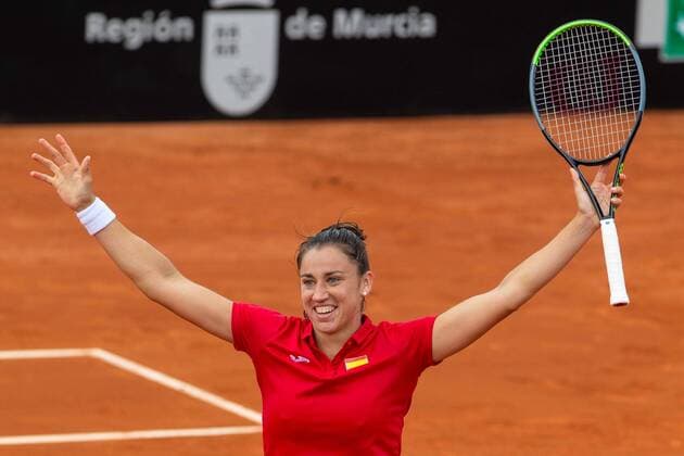 FedCup Spanish team member Sara Sorribes celebrates after defeating Japanese Naomi Osaka on their FedCup Qualifiers round s match at La Manga tennis club, in Murcia, southeastern Spain, 07 February 2020. The FedCup round runs from 7 to 8 February. Spain vs Japan !ACHTUNG: NUR REDAKTIONELLE NUTZUNG!  Copyright: xMarcialxGuillénx GRAFCVA1858 20200207-637166856392147880