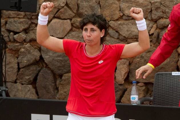 FedCup Spanish team member Carla Suarez celebrates her victory against Japanese Misaki Doi on their FedCup Qualifiers round match at La Manga tennis club, in Murcia, southeastern Spain, 07 February 2020. The FedCup round runs from 7 to 8 February. Spain vs. Japan !ACHTUNG: NUR REDAKTIONELLE NUTZUNG!  Copyright: xMarcialxGuillénx GRAF6467 20200207-637166918046104426