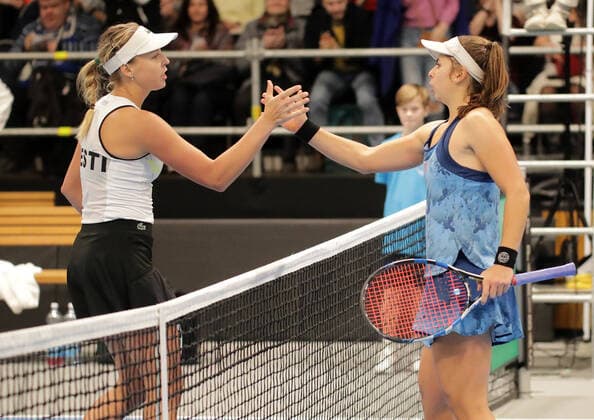 TENNIS - ITF Fed Cup TALLINN,ESTONIA,07.FEB.20 - TENNIS - ITF Fed Cup. Image shows Anett Kontaveit (EST) and Julia Grabher (AUT). GEPAxpictures xWalterxLuger