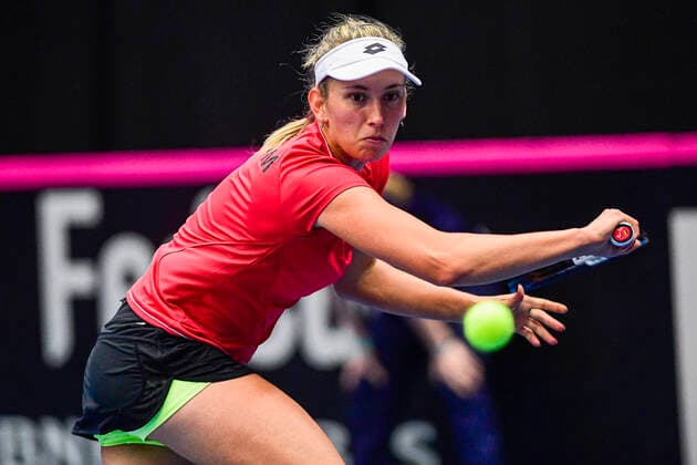 Belgian Elise Mertens pictured in action during the first game between Belgian Mertens WTA, Tennis Damen 19) and Kazach Diyas (WTA 63) on the first day of the Fed Cup Qualifiers first round between Belgium and Kazakhstan, Friday 07 February 2020 in Kortrijk. LAURIExDIEFFEMBACQ  x2470580x