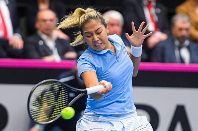 Kazakh Zarina Diyas pictured in action during the first game between Belgian Mertens WTA, Tennis Damen 19) and Kazach Diyas (WTA 63) on the first day of the Fed Cup Qualifiers first round between Belgium and Kazakhstan, Friday 07 February 2020 in Kortrijk. LAURIExDIEFFEMBACQ  x2470587x