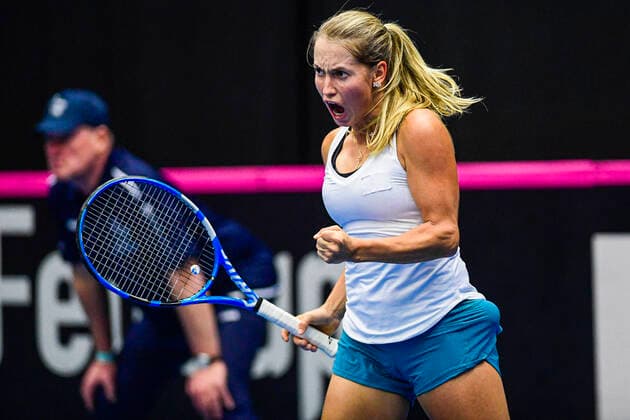 Kazakh Yulia Putintseva celebrates during the second game between Belgian Bonaventure WTA, Tennis Damen 115) and Kazach Putinseva (WTA 34) on the first day of the Fed Cup Qualifiers first round between Belgium and Kazakhstan, Friday 07 February 2020 in Kortrijk. LAURIExDIEFFEMBACQ  x2470672x