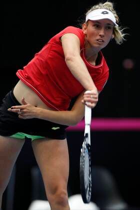 KORTRIJK, BELGIUM - FEBRUARY 6 : Elise MERTENS (Bel) between Zarina Diyas (Kaz) pictured during a first day of the Fed Cup Qualifiers game between Belgium against Kazakhstan on February 07, 2020 in Kortrijk, Belgium, 7 02 2020 TENNIS : Belgique Vs Kazakhstan - Qualifications Fed Cup - 07 02 2020 PhotoNews Panoramic 