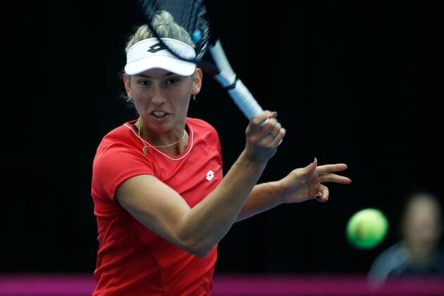 KORTRIJK, BELGIUM - FEBRUARY 6 : Elise MERTENS (Bel) between Zarina Diyas (Kaz) pictured during a first day of the Fed Cup Qualifiers game between Belgium against Kazakhstan on February 07, 2020 in Kortrijk, Belgium, 7 02 2020 TENNIS : Belgique Vs Kazakhstan - Qualifications Fed Cup - 07 02 2020 PhotoNews Panoramic 