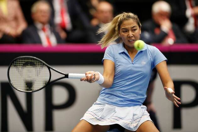 KORTRIJK, BELGIUM - FEBRUARY 6 : Elise MERTENS (Bel) between Zarina Diyas (Kaz) pictured during a first day of the Fed Cup Qualifiers game between Belgium against Kazakhstan on February 07, 2020 in Kortrijk, Belgium, 7 02 2020 TENNIS : Belgique Vs Kazakhstan - Qualifications Fed Cup - 07 02 2020 PhotoNews Panoramic 
