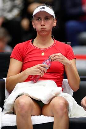 KORTRIJK, BELGIUM - FEBRUARY 6 : Elise MERTENS (Bel) between Zarina Diyas (Kaz) pictured during a first day of the Fed Cup Qualifiers game between Belgium against Kazakhstan on February 07, 2020 in Kortrijk, Belgium, 7 02 2020 TENNIS : Belgique Vs Kazakhstan - Qualifications Fed Cup - 07 02 2020 PhotoNews Panoramic 